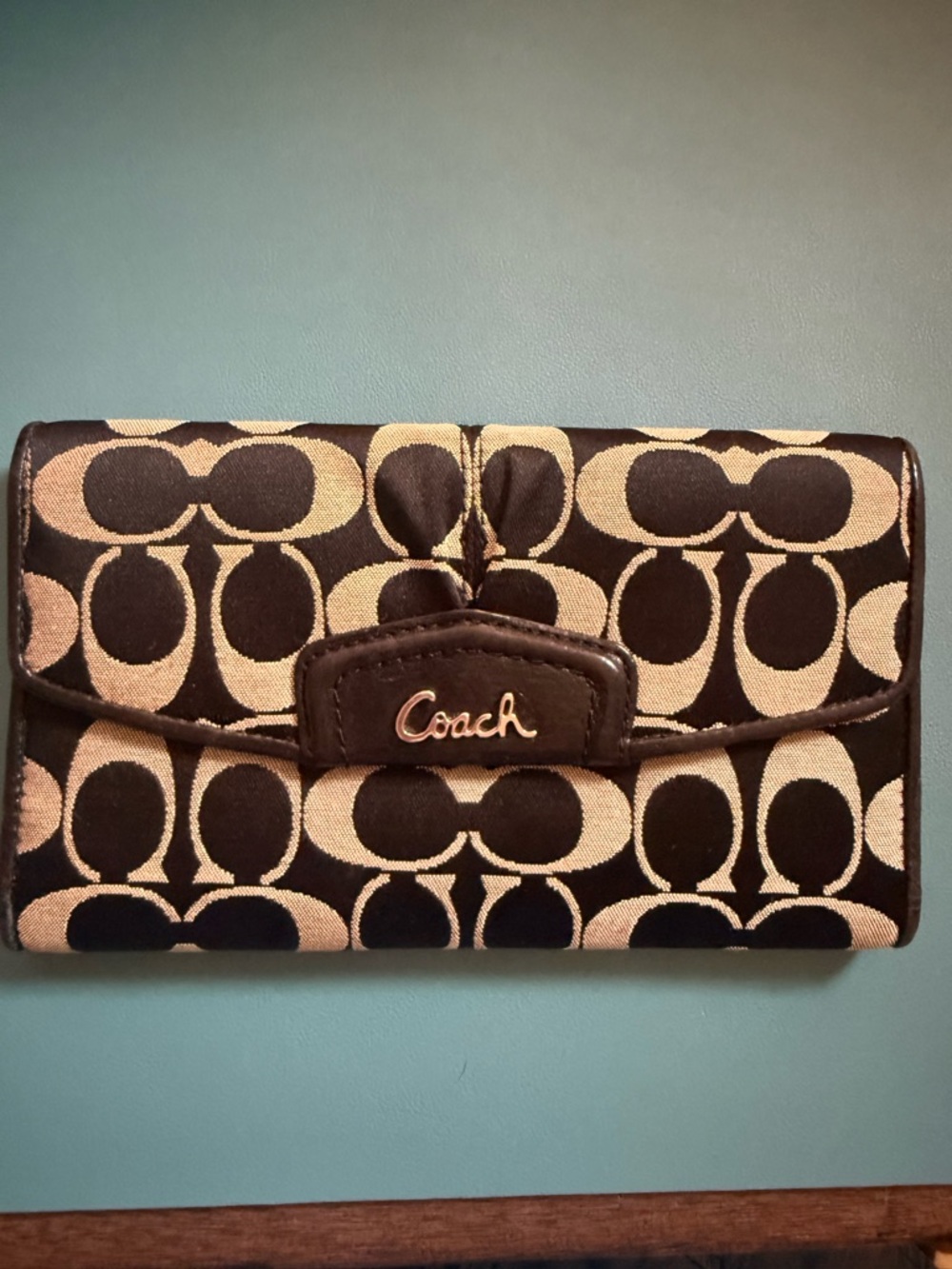 Coach Signature Canvas Wallet in Black and Tan